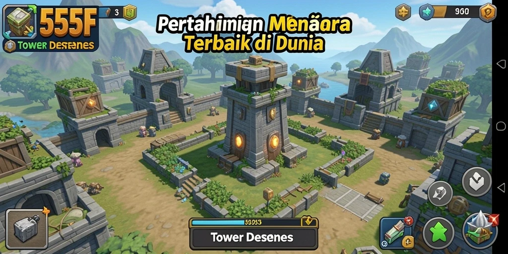 Screenshot utama dari gameplay Tower Defense yang menampilkan strategi menara.