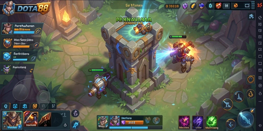 Screenshot gameplay menampilkan menara yang menghancurkan musuh di DOTA88.
