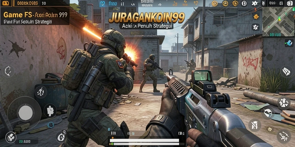 Tangkapan layar utama JURAGANKOIN99 menampilkan aksi seru dalam permainan FPS.