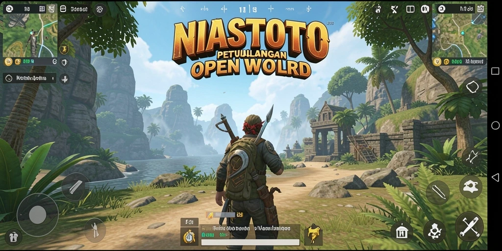Screenshot gameplay NIASTOTO menampilkan dunia open world yang luas dan indah.
