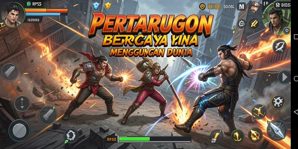 Screenshot gameplay RP55 menampilkan pertarungan epik antar karakter.