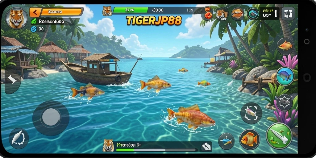 Tampilan gameplay seru dalam TIGERJP88 dengan berbagai lokasi memancing.